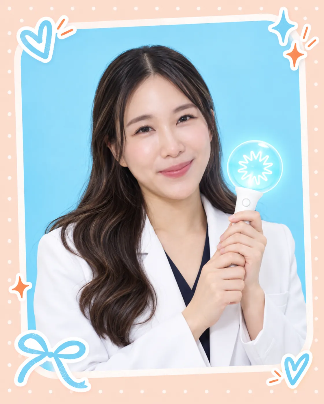 หมอโบนัส แพทย์ GETGLOW Clinic ถือแท่งไฟสีฟ้า