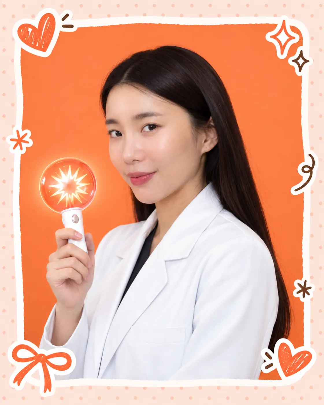 หมองิ้ม พญ.อณิตา ตั้งอรรถจินดา แพทย์ผู้ดูแลหลักของ GETGLOW Clinic ถือแท่งไฟสีส้ม