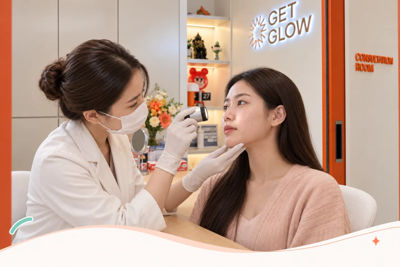 แพทย์ GETGLOW Clinic ตรวจประเมินสภาพผิวและชนิดของสิวในห้องให้คำปรึกษา