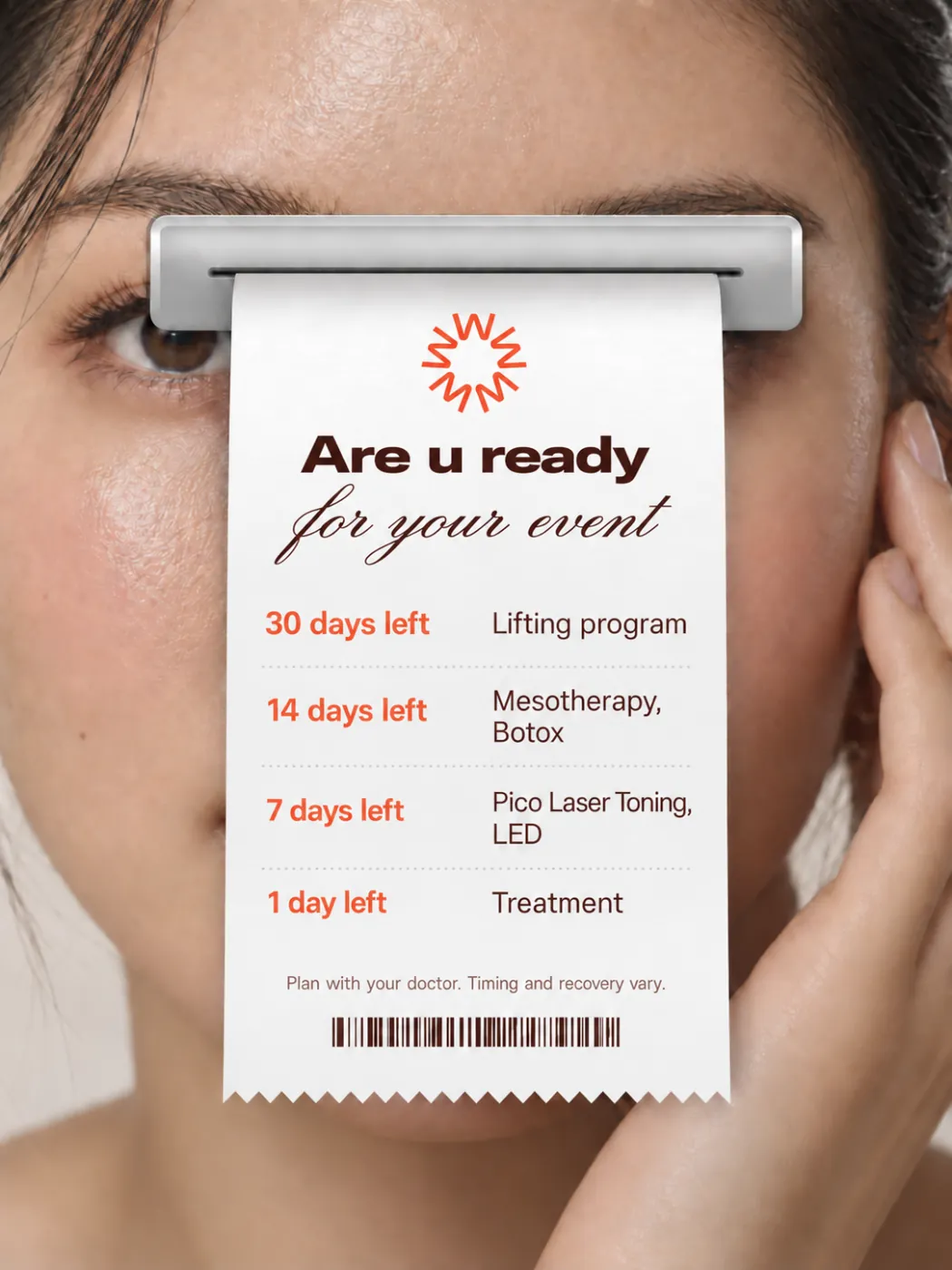 Are u ready for your event — ไทม์ไลน์เตรียมผิว 30 วัน โปรแกรมยกกระชับ, 14 วัน เมโสและโบท็อกซ์, 7 วัน Pico Laser Toning และ LED, 1 วัน ทรีตเมนต์
