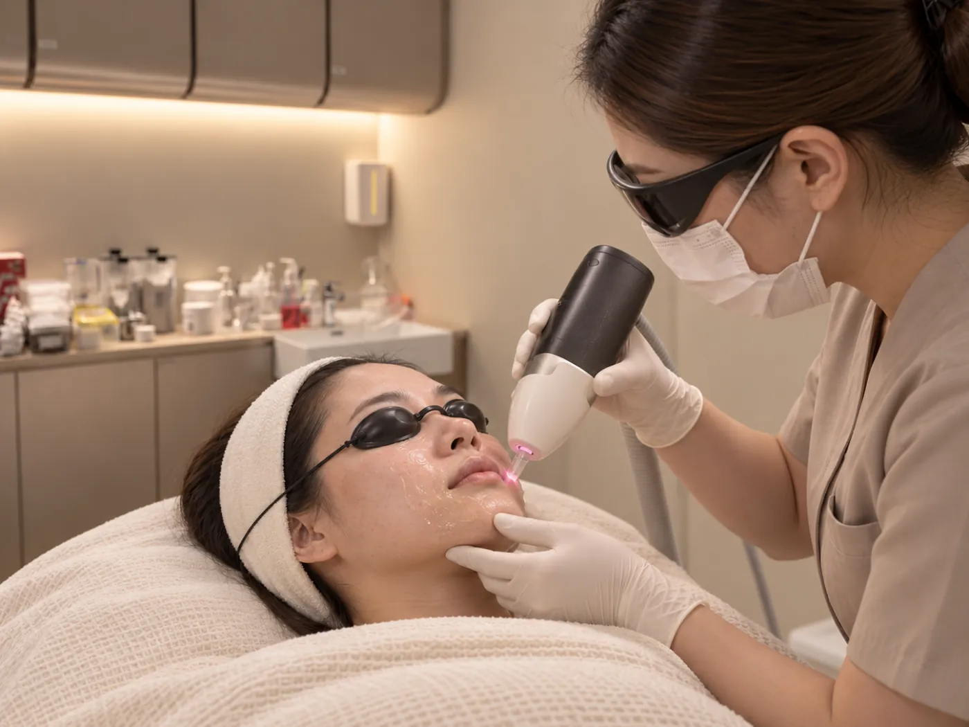 ยิง Sakura Diode Laser ทีละบริเวณพร้อมสวมอุปกรณ์ป้องกันดวงตา