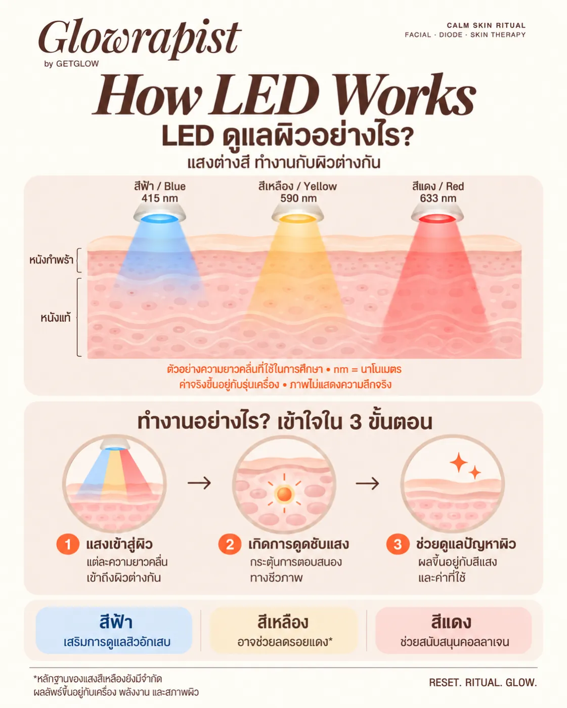 ภาพจำลอง LED ดูแลผิวอย่างไร — แสงสีฟ้า 415 nm, สีเหลือง 590 nm และสีแดง 633 nm เข้าถึงผิวต่างระดับ