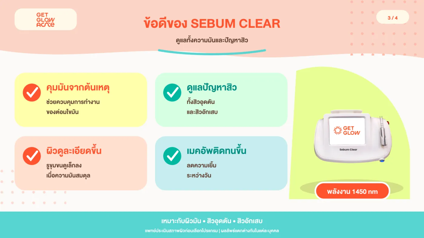 ข้อดีของ Sebum Clear — คุมมันจากต้นเหตุ ดูแลปัญหาสิวทั้งสิวอุดตันและสิวอักเสบ ผิวดูละเอียดขึ้น และเมคอัพติดทนขึ้น ด้วยพลังงาน 1450 nm